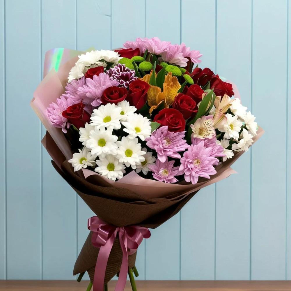 Букет цветов из: Розы, Хризантемы и Альстромерии в Мокшане